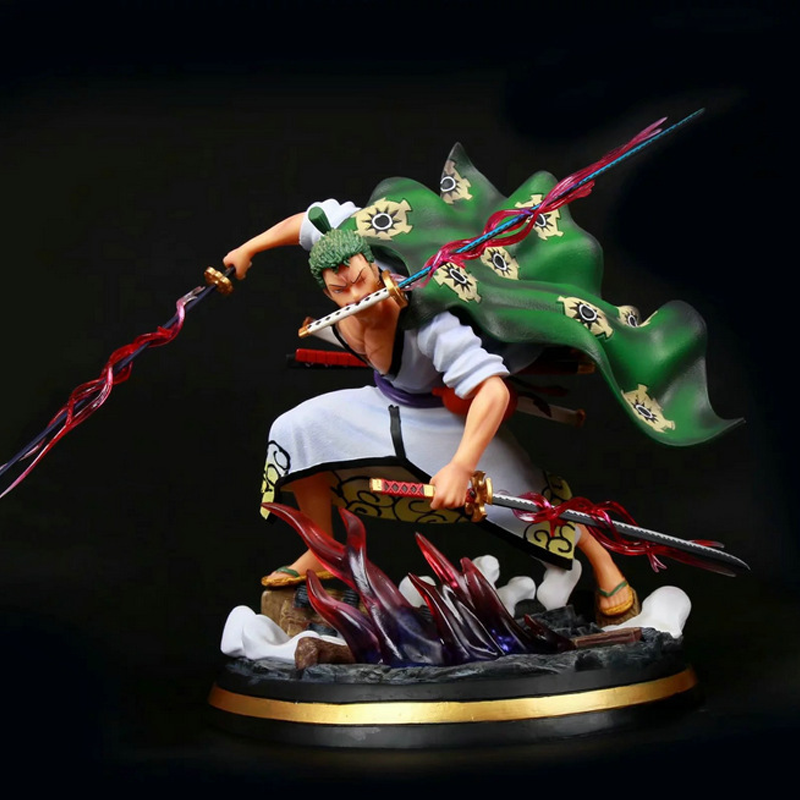 Novelty Games One Piece Anime Figure Kimono Roof Roronoa Zoro Wano Country Zoro Three Swords Fighting Skill Model Decorations Glowing Figuri