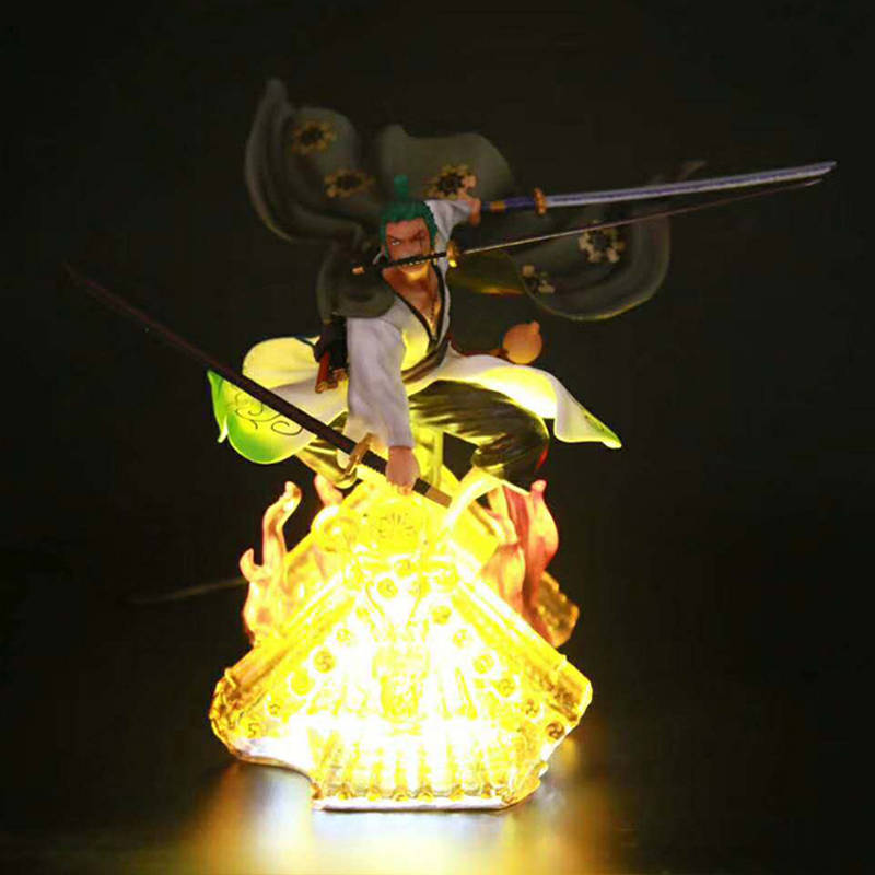 Novelty Games One Piece Anime Figure Kimono Roof Roronoa Zoro Wano Country Zoro Three Swords Fighting Skill Model Decorations Glowing Figuri