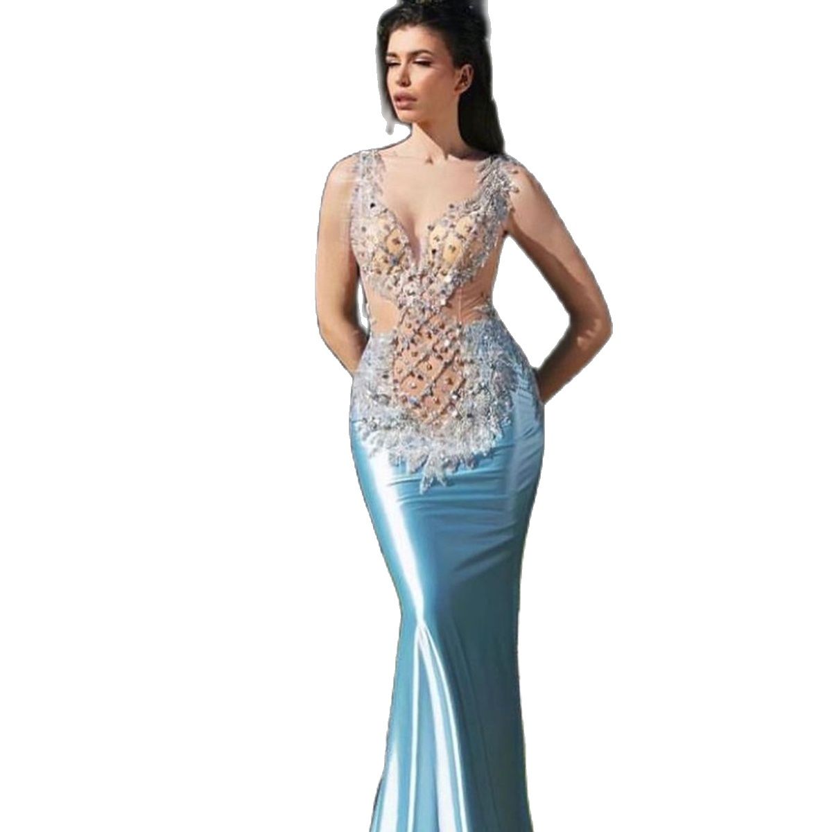 Sexy V Neck Mermaid Evening Dresses Illusion Sleeveless Beading Prom Dress Applique Floor Length Formal Party Gowns