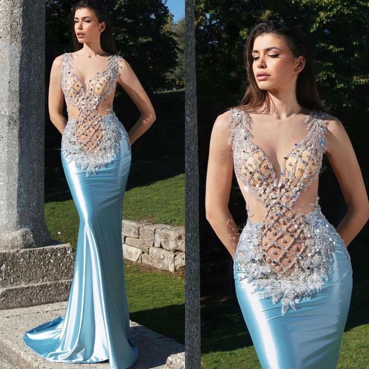 Sexy V Neck Mermaid Evening Dresses Illusion Sleeveless Beading Prom Dress Applique Floor Length Formal Party Gowns