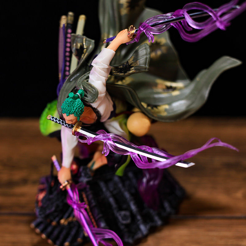 Novelty Games Anime One Piece Roronoa Zoro Figure GK Wano Kingdom Roof Roronoa Zoro Three Sword Model Double Head OPP Bagged Without Box