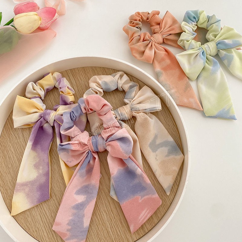 Korean Bowknot Hair Rope Tie Dye Ponytail Holder Long Ribbon Elastic Hair Bands Headwear Women Hair Accessories