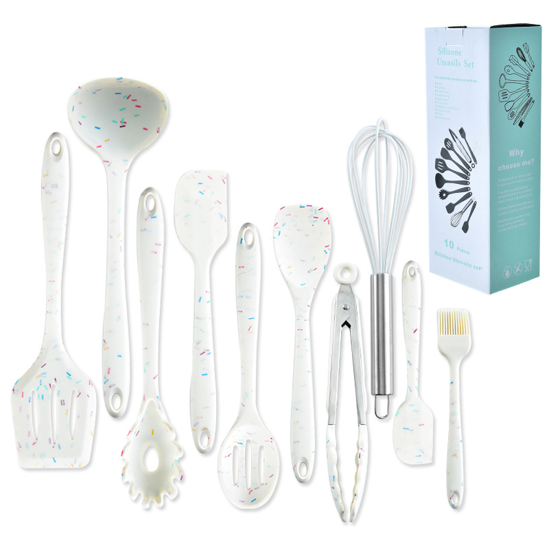 Silicone Kitchenware Set 10-piece Pack Spoon Wrisk Scraper Tong Shovel Brush Kitchen Integrated Cooking Tools 122345
Silicone Kitchenware Set 10-piece Pack Spoon Wrisk Scraper Tong Shovel Brush Kitchen Integrated Cooking Tools 122345
