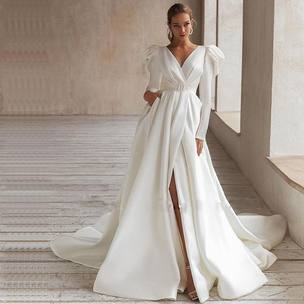 Classic A E Wedding Dresses With Sashes Long Sleeves Front Split Bridal Gown Beach Mariage Gowns Vestidos S 6660306
