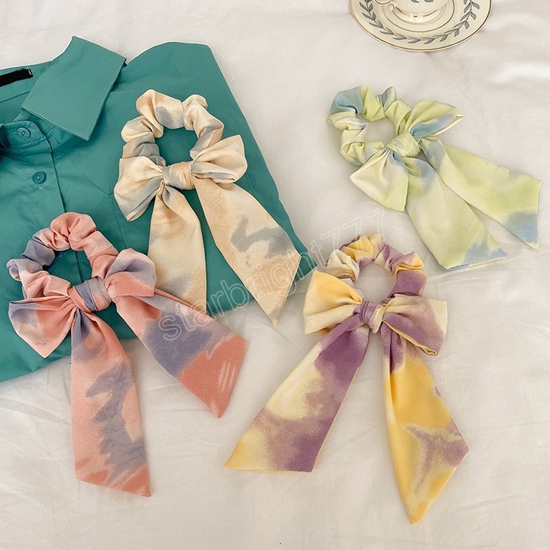 Korean Bowknot Hair Rope Tie Dye Ponytail Holder Long Ribbon Elastic Hair Bands Headwear Women Hair Accessories