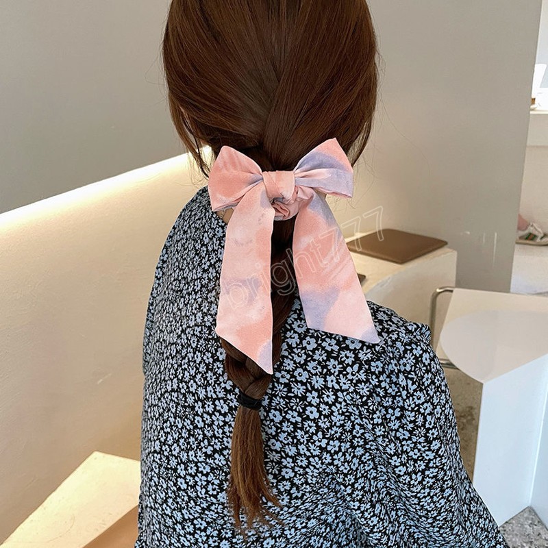 Korean Bowknot Hair Rope Tie Dye Ponytail Holder Long Ribbon Elastic Hair Bands Headwear Women Hair Accessories