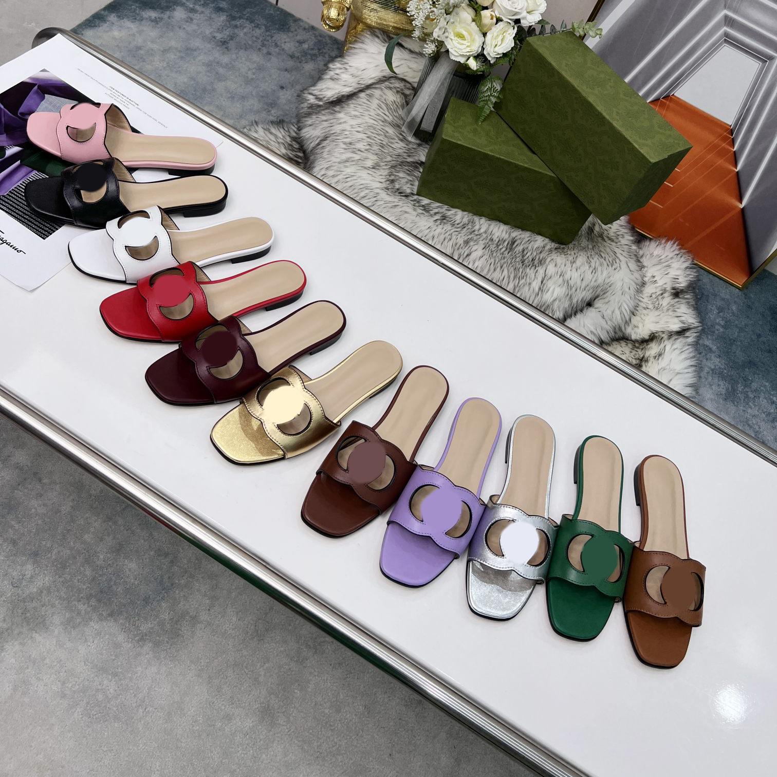 Made in Italy Women Interlocking Slippers G cut-out slide sandal Calf Leather Sexy Flat Ladies Fashion Cutout Wear Shoes 35-42
