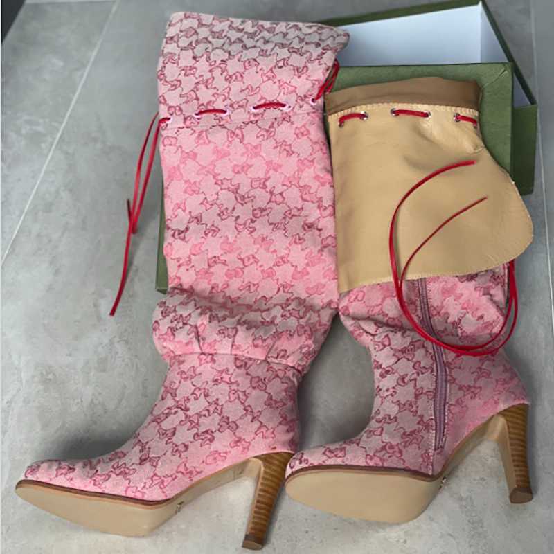 Women Over The Knee Boots Designer Boot Fashion Combat Boot Canvas Zipper Adjustable Straps Casual Shoes Stiletto Heel Ankle Boot With Box 317
