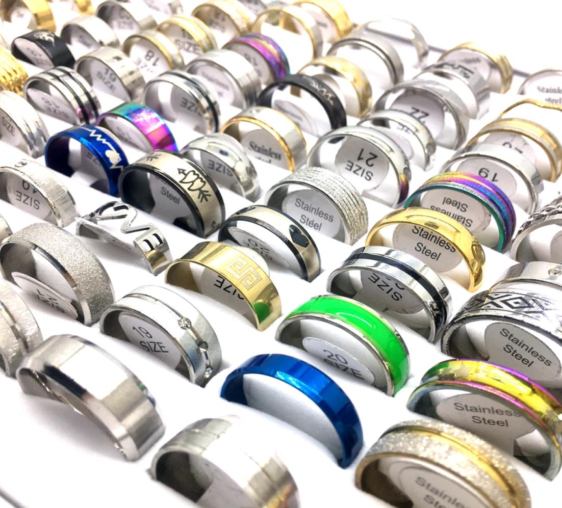 Whole 100pcsLot Stainless Steel Band Rings For Men Women Mix Styles Fashion Jewelry Finger Accessories Party Gift8781340