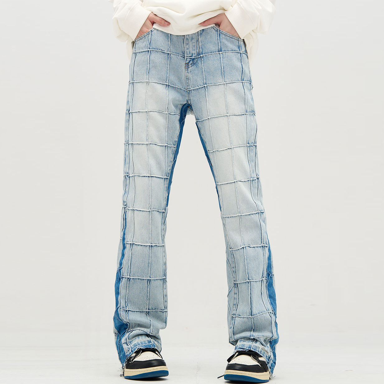 High Street Patchwork Straight Jeans Flare Pants for Men and Women Casual Baggy Plaid Denim Trousers
High Street Patchwork Straight Jeans Flare Pants for Men and Women Casual Baggy Plaid Denim Trousers