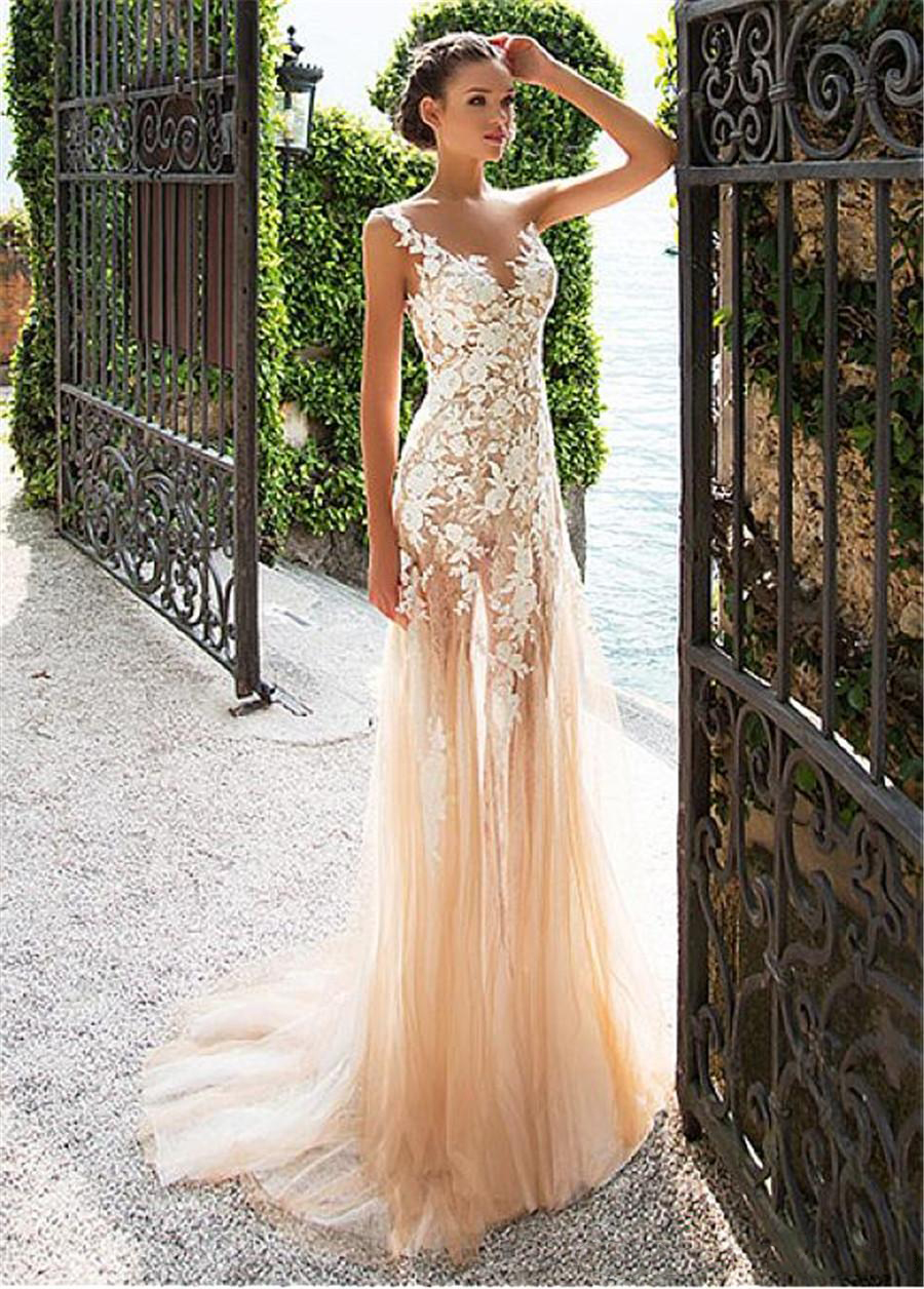 Marvelous Tulle & Lace Bateau Neckline See-through Sheath Wedding Dress With Lace Appliques Champagne Bridal Gowns Dress vestido de formatura