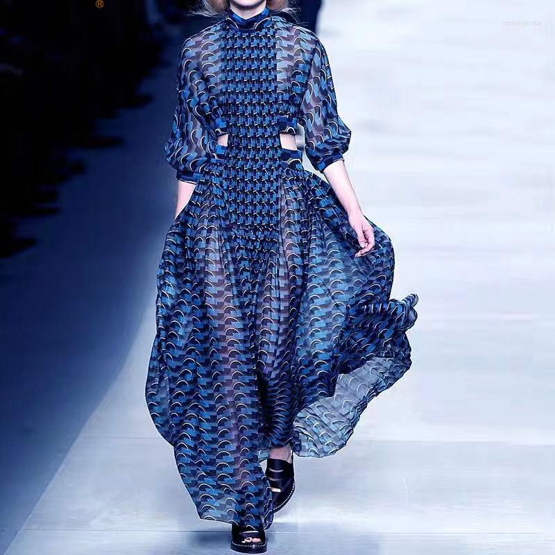 Casual Dresses Fashion 2022 Designer Holiday Maxi Dress Women's Long Sleeve Sexy Waist Cutting Out Runway Vestido
