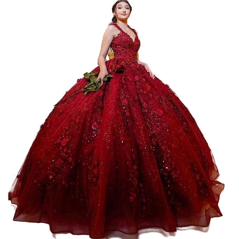Glitter Wine Red Sleeveless V-Neck Quinceanera Dresses 3D Floral Applique Crystal Beaded Sequins Ball Girl Birthday Party Prom Dress Charro Sweet 15 d