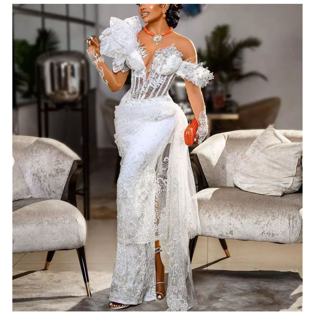 Luxury Evening Dresses Long Sleeves V Neck One Shoulder Satin Lace Flowers Appliques Sequins Side Slit Floor Length Celebrity Plus Size Party Prom Gow