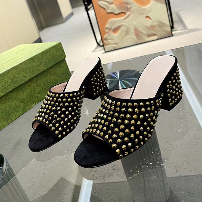summer luxury Chunky Sandals heel Designer Classic gold button Crystal rhinestone Embellished 10CM high heeled women shoes with box Cover Heel slippers 35-42 size, Shoe box