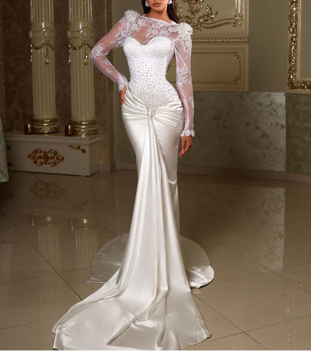 Elegant Evening Dresses Long Sleeves V Neck Hollow Lace Sequins Pearls Appliques Sequins Beaded Satin Floor Length Celebrity Plus Size Party Prom Gown