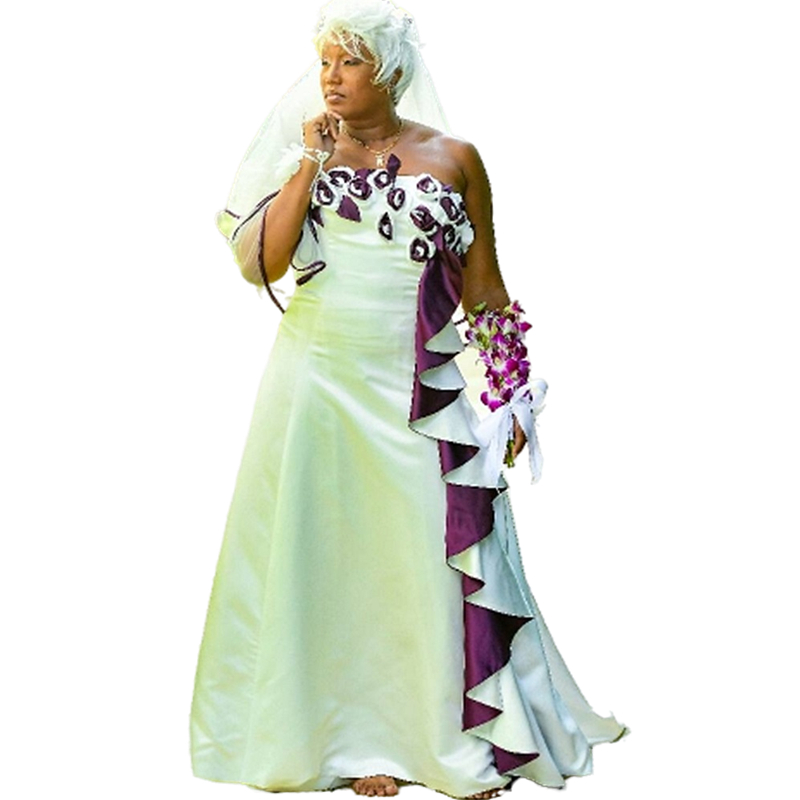 Elegant White And Purple Mermaid Wedding Dresses Flowers Ruffles Chic Boho Bridal Gowns Plus Size Strapless Satin Long Bride Beach Vestido De Novia Af