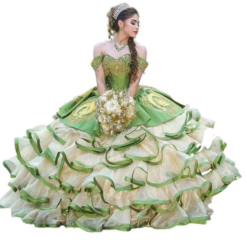 Olive Green Off Shoulder Ball Gown Quinceanera Dresses Mexico Embroidery Gold Lace Appliqued Piping Tiered Girl Birthday Party Prom Dress Traditional 