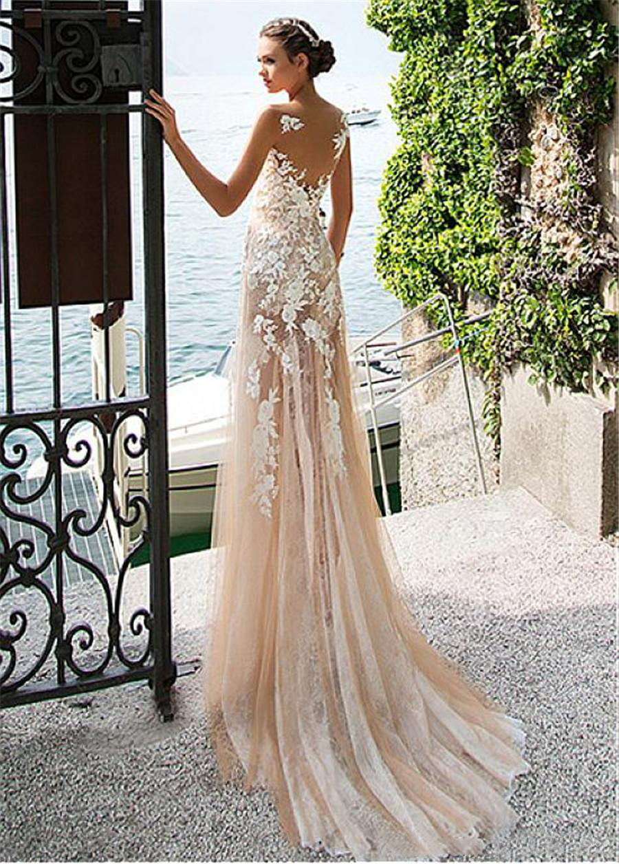 Marvelous Tulle & Lace Bateau Neckline See-through Sheath Wedding Dress With Lace Appliques Champagne Bridal Gowns Dress vestido de formatura