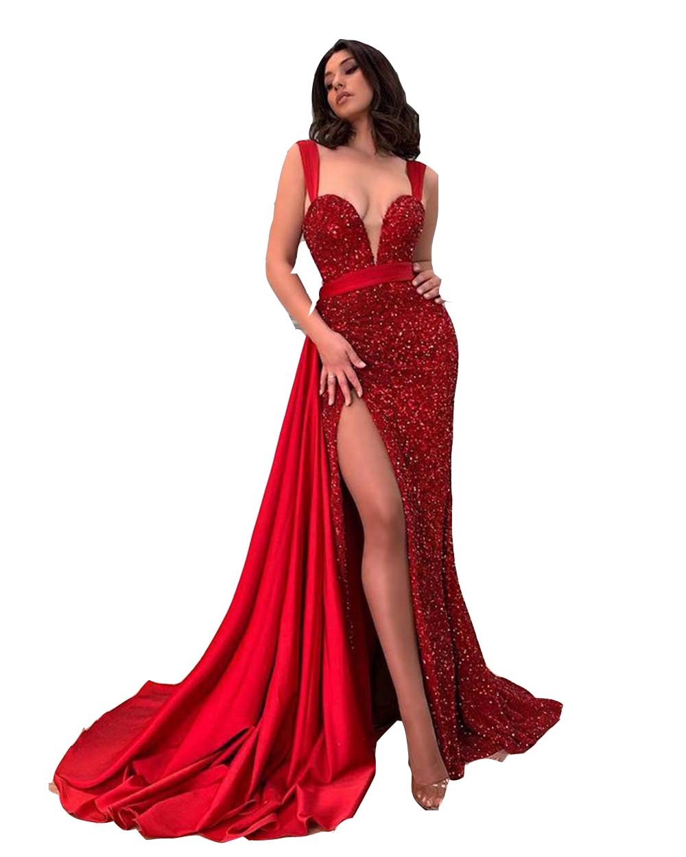 Modest Mermaid Prom Dresses Sparkly Dark Red Sequined Lace Spaghetti Straps Sequins Side Split Arabic Aso Ebi Women Evening Dress