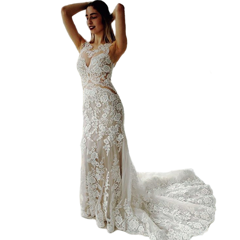 Sexy Bohemian Lace Mermaid Wedding Dresses Appliques Crew Neck Illusion Long Summer Beach Bridal Gowns Sleeveless Country Vestido De Novia