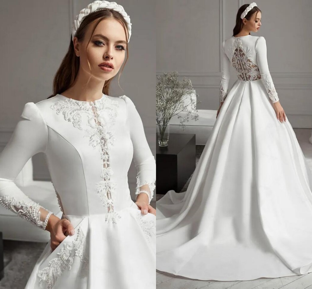 Long Sleeves Lace Islamic a-line Modest Wedding Dresses Jewel Neck Sweep Train Simple Vintage Lace muslim princess Bridal Gowns