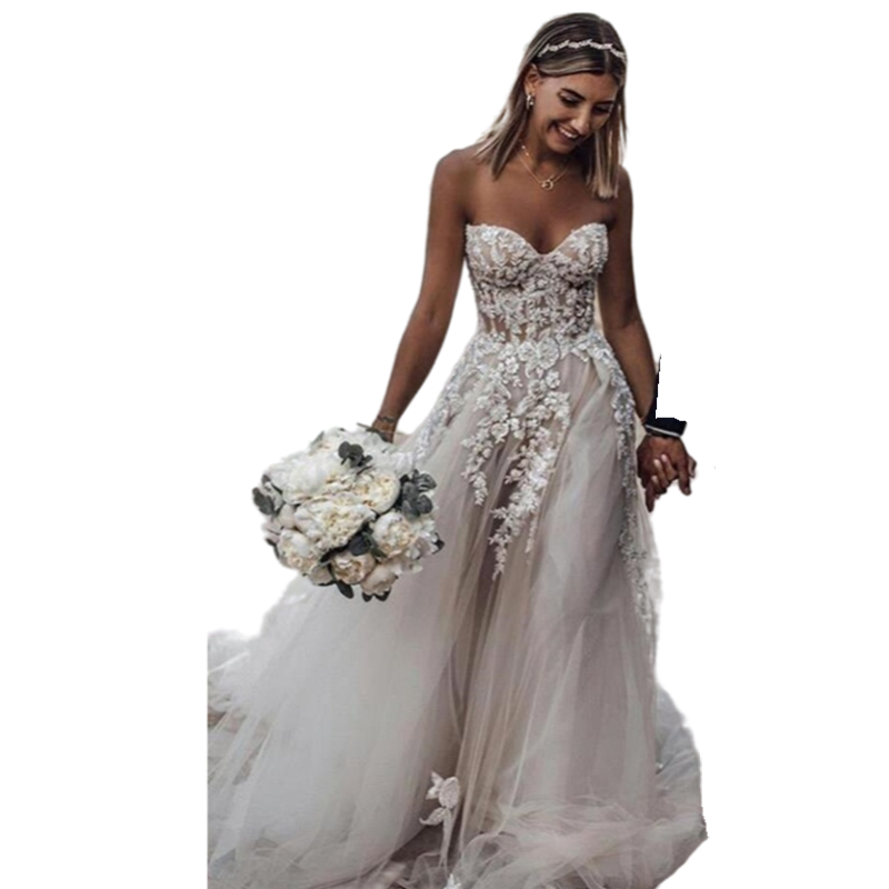 Classic Boho Tulle A-Line Wedding Dresses Long Beach Bridal Gowns Sleeveless Sweetheart Neck Lace Appliqued Exposed Boning Corset Bride Vestido De Nov