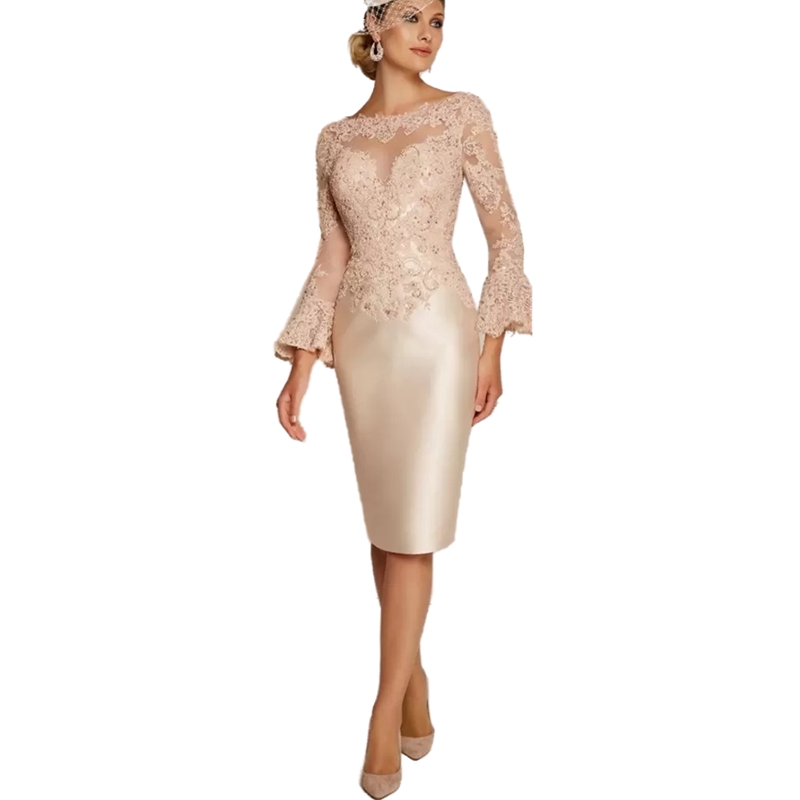 Elegant Light Pink Sheath Mother's Dresses Knee Length Flare Long Sleeves Wedding Party Gowns Lace Appliqued Mother Of The Bride Groom Prom Eveni