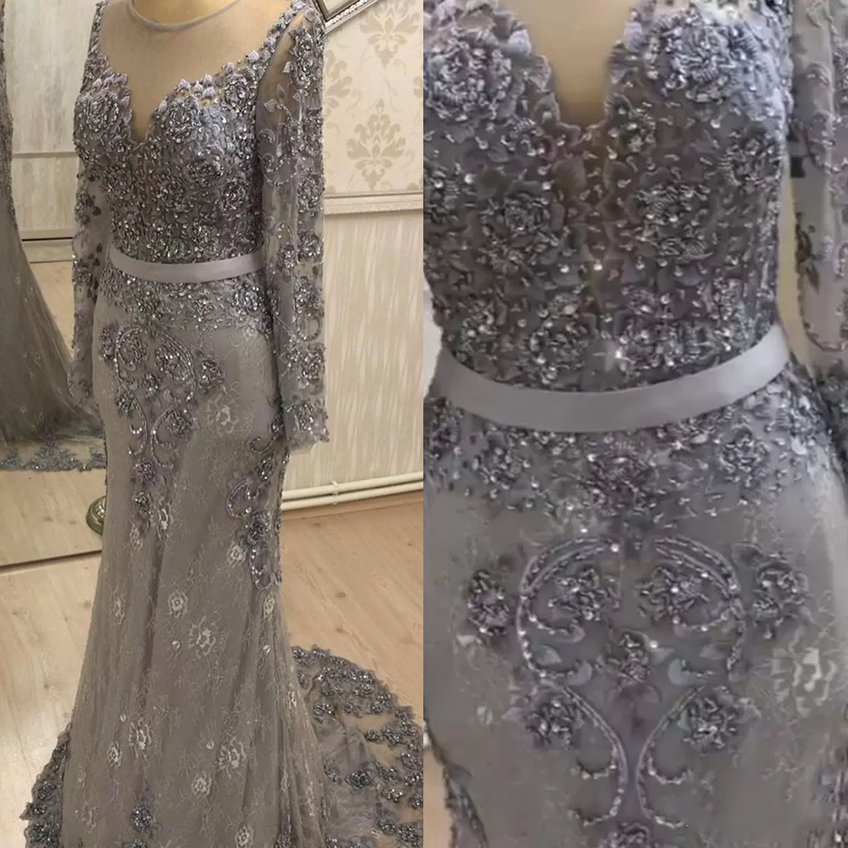 Elegant Grey Lace Mermaid Evening Dresses Long Sleeves Sequins Beaded Crew Neck Formal Party Gowns Arabic Dubai Muslim Prom Event Dress Vestido Custom