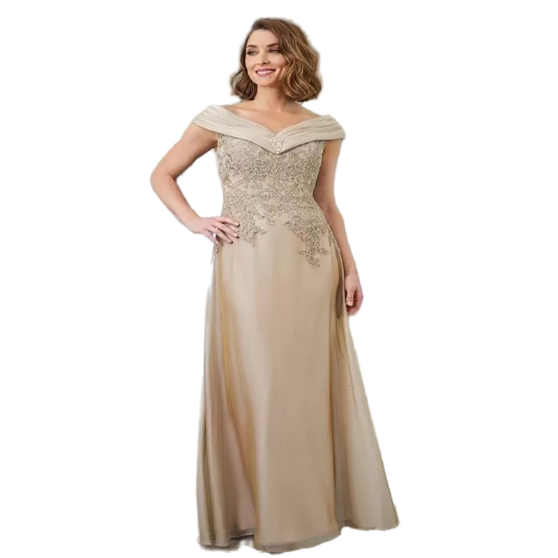 V-Neck Satin Classic Mother Of The Bride Dresses Champagne Long Wedding Party Gowns Lace Appliqued Groom Mom Elegant Prom Evening Formal Wear