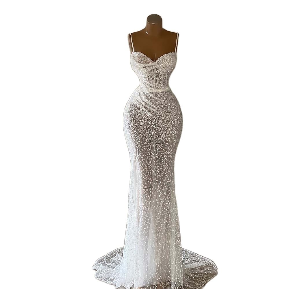 Illusion Luxurious Mermaid Weddding Dress Spaghetti Straps Lace Appliques Bridal Dresses Women Formal Bride Gowns