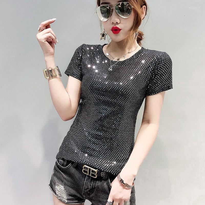 Womens T Shirts Fashion Women Bling T-shirt Summer Short Sleeve Slim Fit Tees Female Cloth Top O Neck Stretchy Night Clubwear