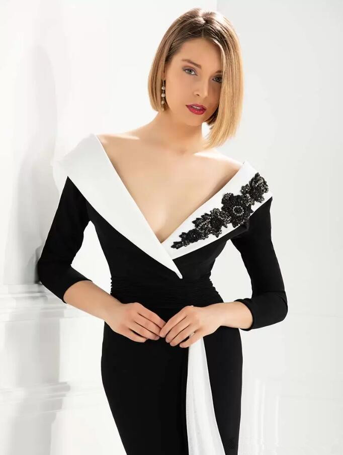Black and White Mermaid Dresses with Long Sleeve Beaded Stain Sexy Trumpet Occasion Mother of the Bride Gown