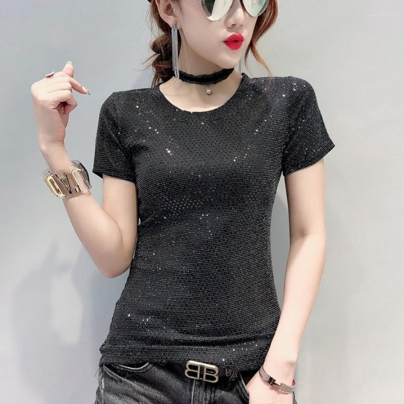 Womens T Shirts Fashion Women Bling T-shirt Summer Short Sleeve Slim Fit Tees Female Cloth Top O Neck Stretchy Night Clubwear