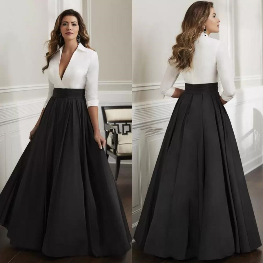 Black White Long Sleeve Mother's Dresses 2023 Stain Deep V Neck Pleated Prom Formal Mother of the Bride Groom Gown