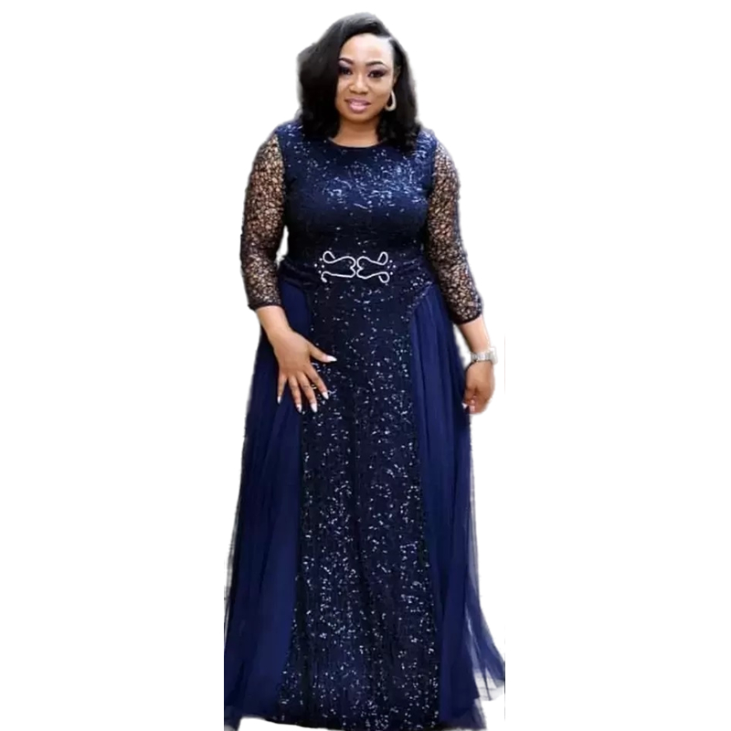 Glitter Sequined Mother Of The Bride Dresses Navy Blue 3/4 Long Sleeves Floor Length Plus Size Wedding Party Gowns Groom Mom Guest Prom Evening Formal