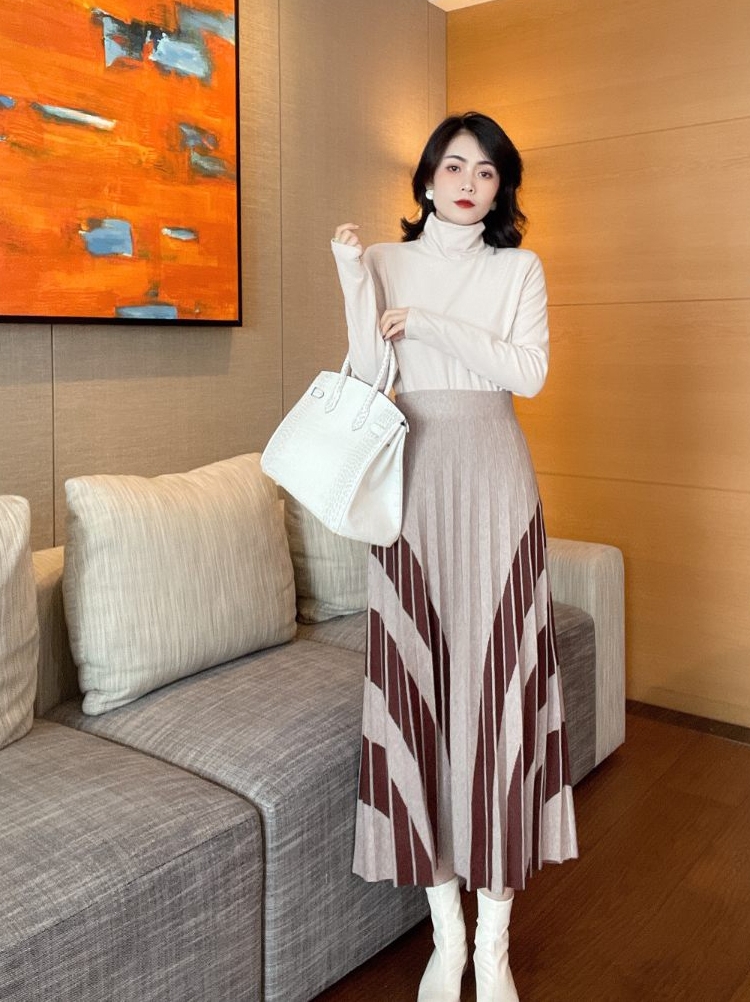 Womens high waist color block knitted a-line midi long pleated skirt SLXL