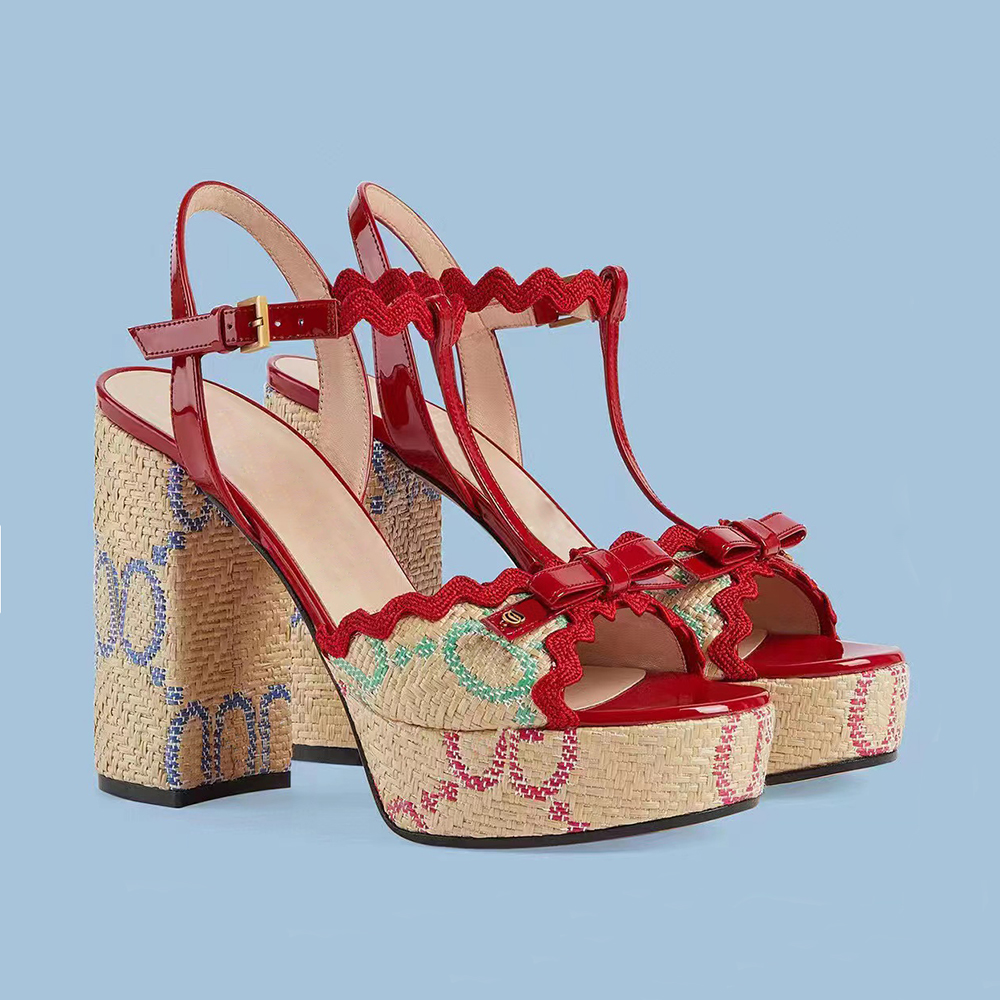 Lafite weaving sandals Luxury Designers dress shoes Embroidery Embellished Ankle strap platform Pumps chunky high Heels sandal12CM high Heeled women sandal