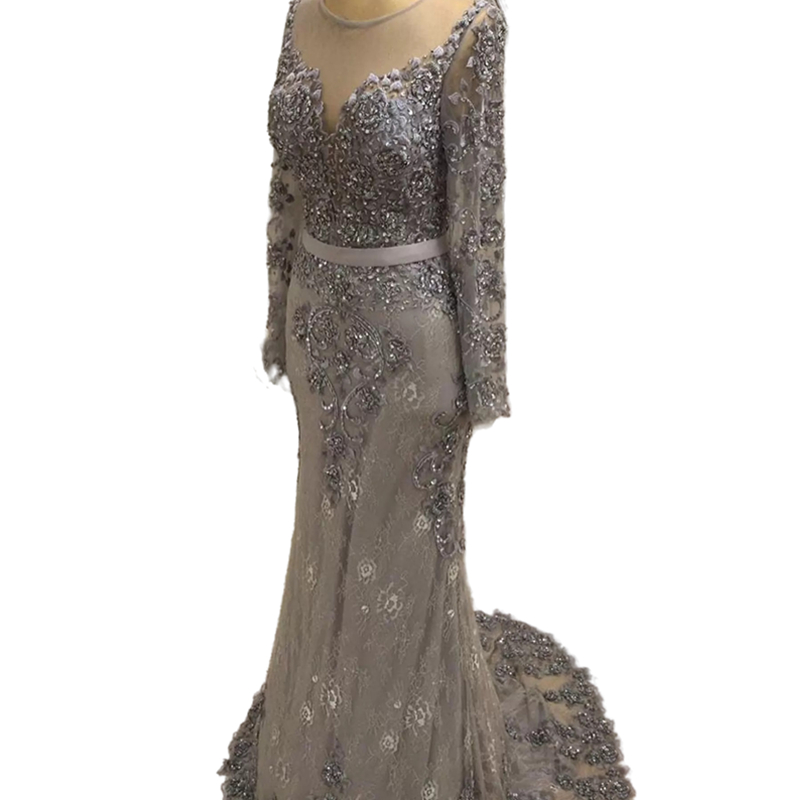 Elegant Grey Lace Mermaid Evening Dresses Long Sleeves Sequins Beaded Crew Neck Formal Party Gowns Arabic Dubai Muslim Prom Event Dress Vestido Custom