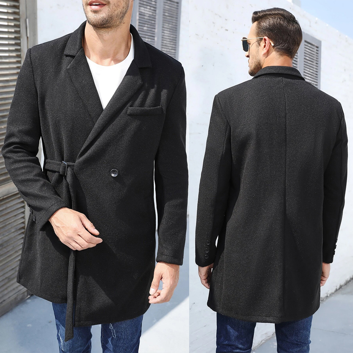 One Piece Handsome Wedding Tuxedos Men Suit Woolen Coat Unique Design Belt Outer Pockets Modern Formal Customized Business Suit Back Vent Casual Autum