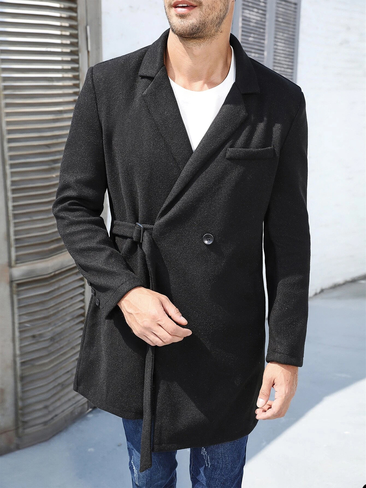 One Piece Handsome Wedding Tuxedos Men Suit Woolen Coat Unique Design Belt Outer Pockets Modern Formal Customized Business Suit Back Vent Casual Autum