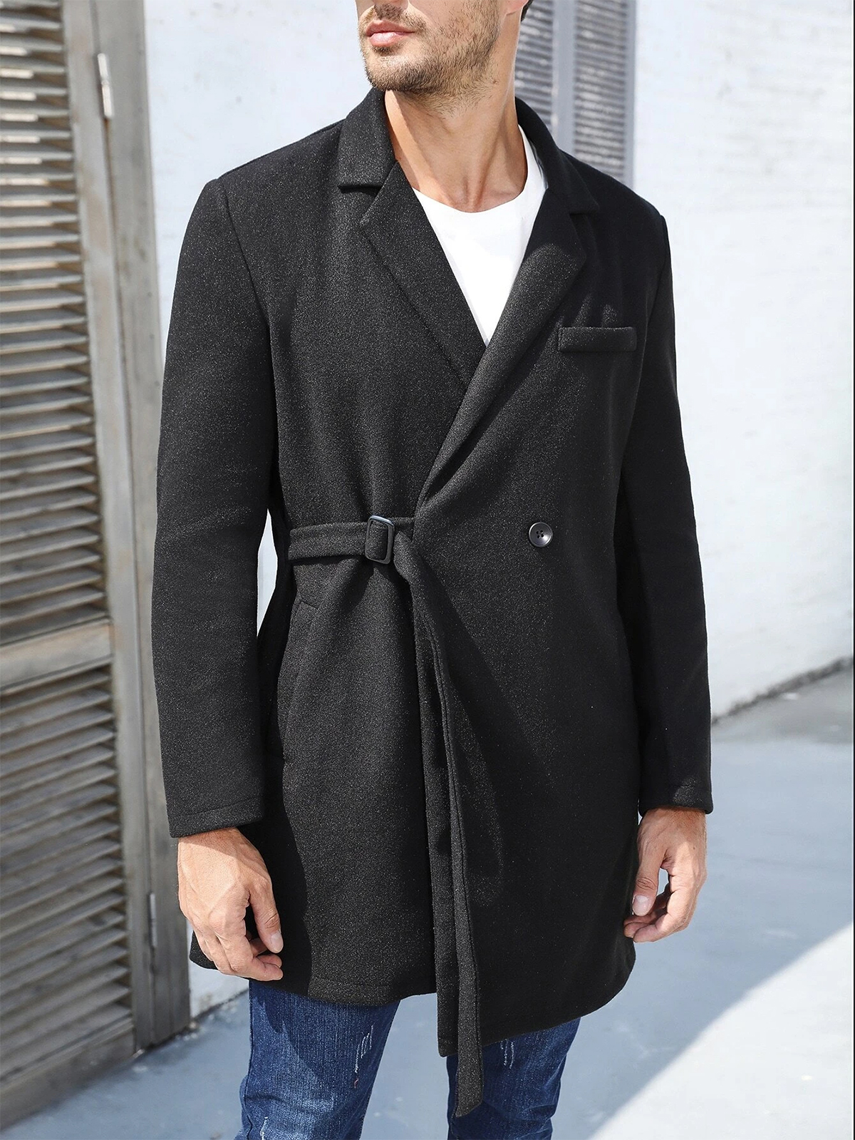 One Piece Handsome Wedding Tuxedos Men Suit Woolen Coat Unique Design Belt Outer Pockets Modern Formal Customized Business Suit Back Vent Casual Autum