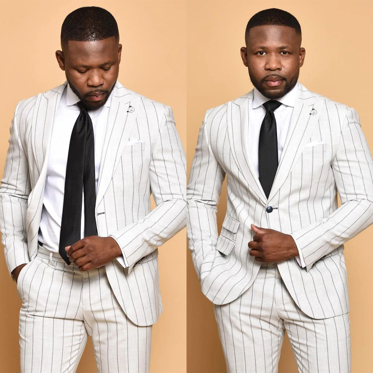 Two Pieces Wedding Tuxedos Men Suits Pinstripe Peaked Modern Formal Slim Two-Button Customized Fit Notched Lapel Three Outer Pockets Business Coat Pan