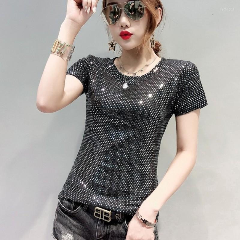 Womens T Shirts Fashion Women Bling T-shirt Summer Short Sleeve Slim Fit Tees Female Cloth Top O Neck Stretchy Night Clubwear