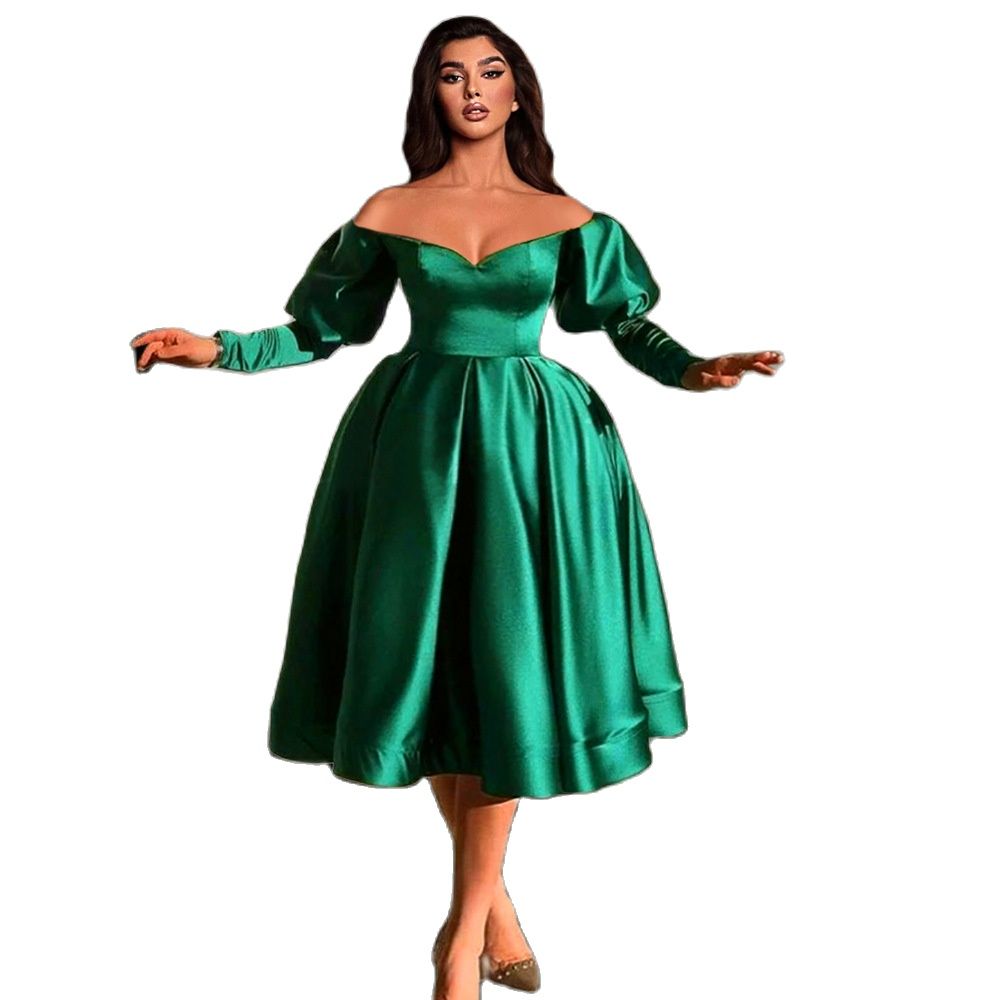 New Off the Shoulder A-Line V-Neck Prom Dresses Women Draped Pleated Bishop Sleeve Satin Elegent Banquet Party Gowns