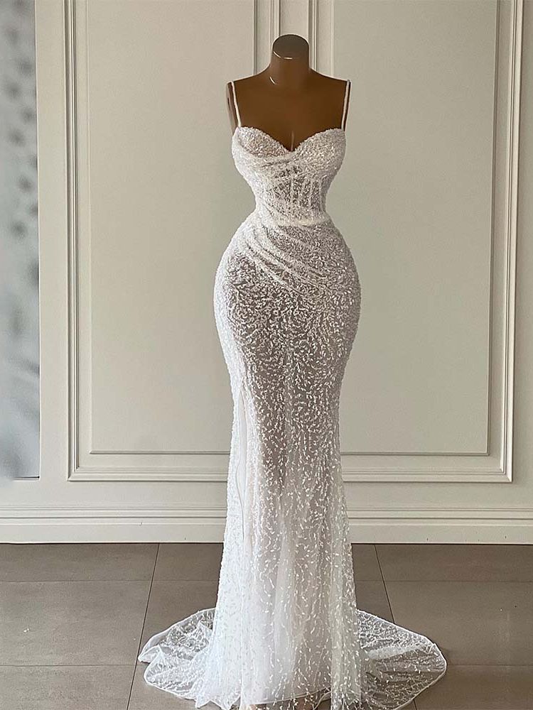 Illusion Luxurious Mermaid Weddding Dress Spaghetti Straps Lace Appliques Bridal Dresses Women Formal Bride Gowns