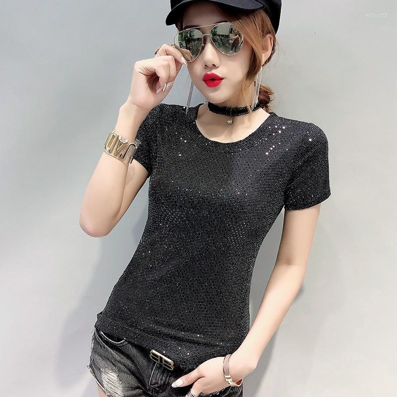 Womens T Shirts Fashion Women Bling T-shirt Summer Short Sleeve Slim Fit Tees Female Cloth Top O Neck Stretchy Night Clubwear