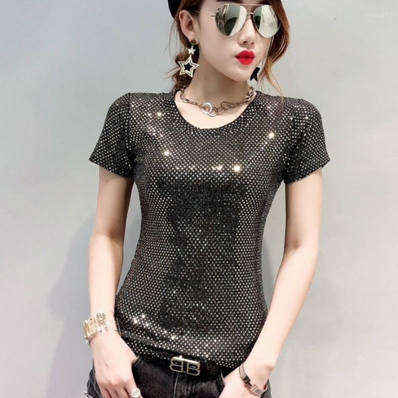 Womens T Shirts Fashion Women Bling T-shirt Summer Short Sleeve Slim Fit Tees Female Cloth Top O Neck Stretchy Night Clubwear