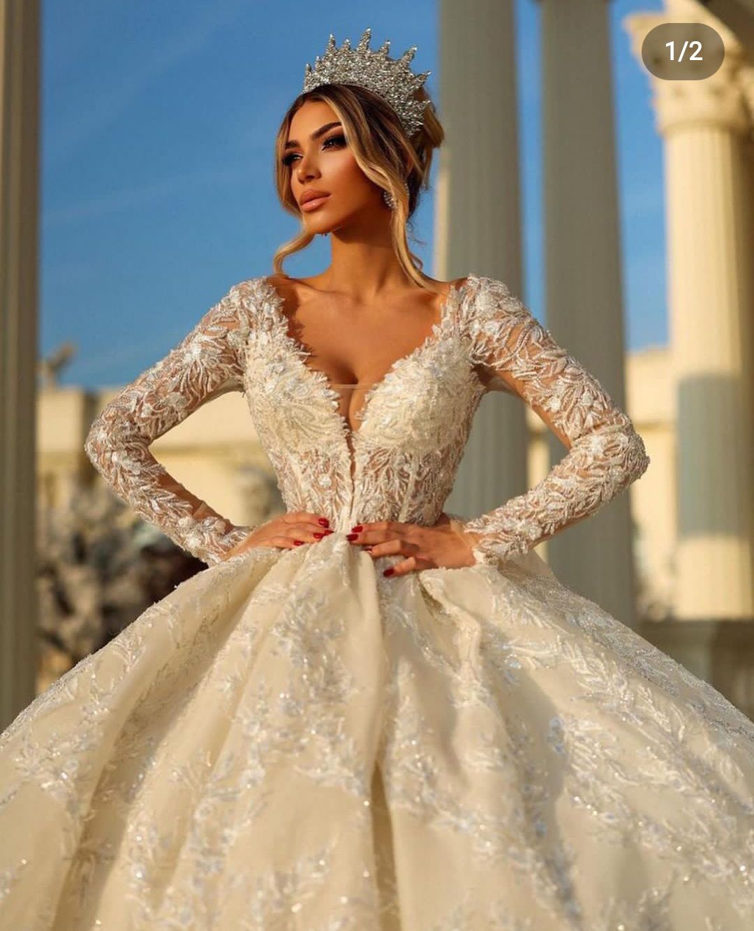 Lace Ball Gown Dresses V Neck Long Sleeves Full Beads Applique Sequins Ruffles Elegant Beaded Wedding Dress African Plus Size Bridal Gowns Custom Made
