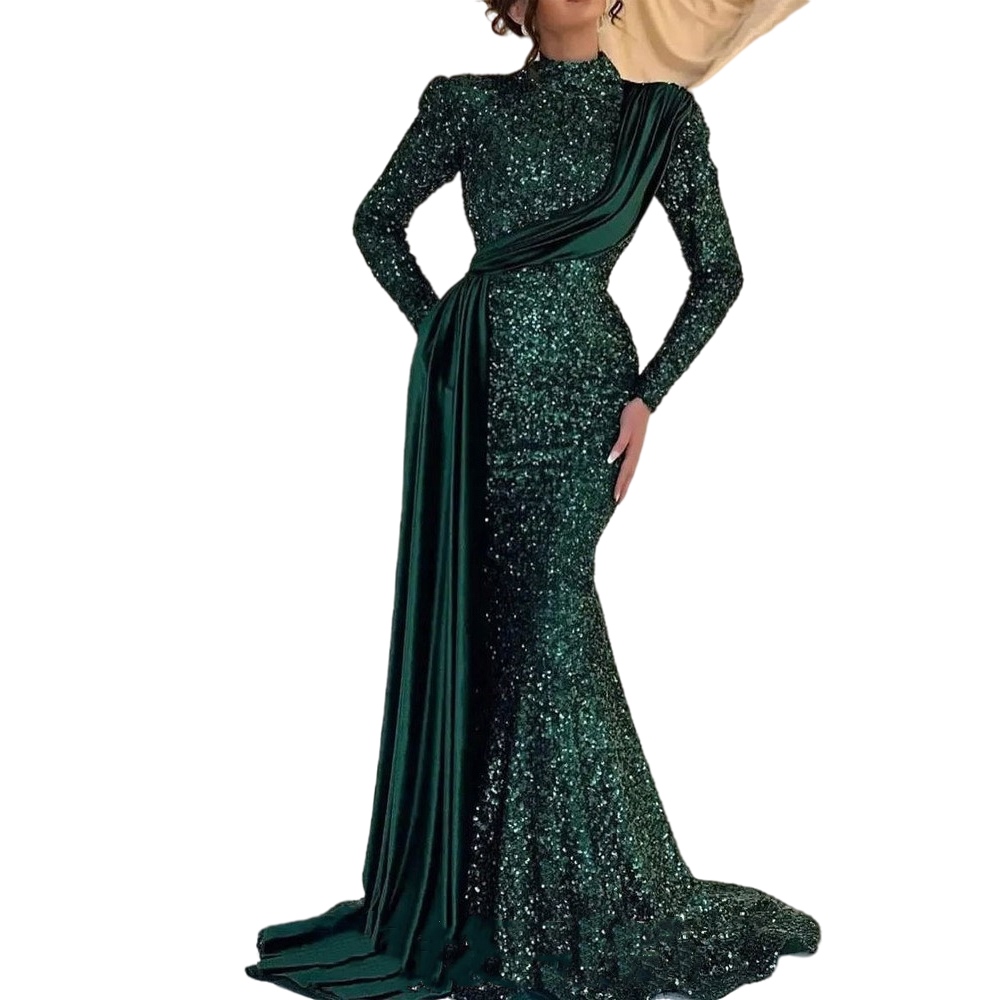 Modest Emerald Green Evening Dresses 2023 High Neck Long Sleeves Muslim Formal Women Prom Gowns Ruffle Robe De Soiree Festa